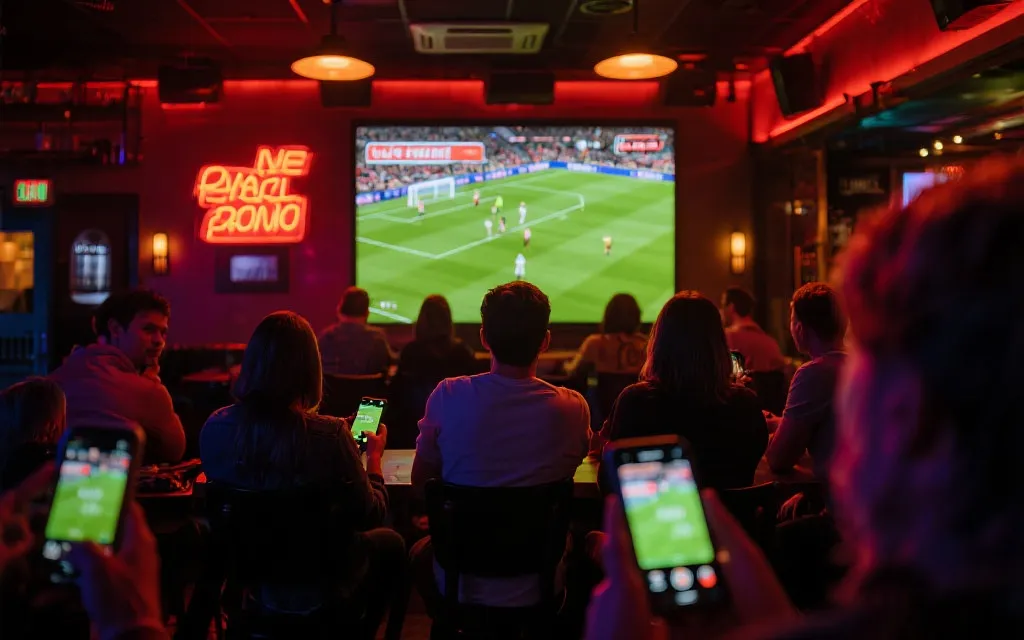 体育酒吧里的人群观看大屏比赛，桌上有数据图表与手机，体现转播与商业氛围